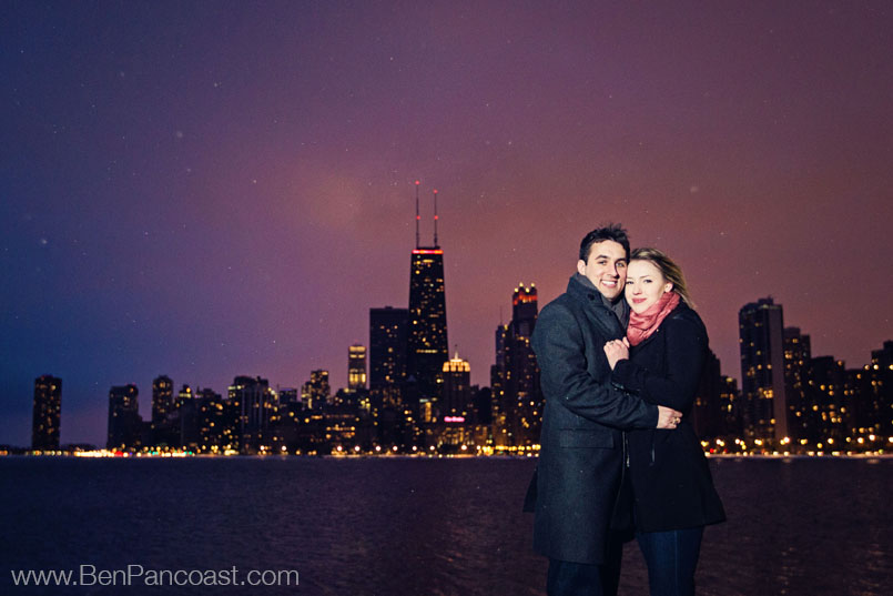 The chicago Skyline in winter makes for cold engagement photos.
